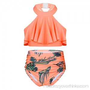 YiZYiF Girls' Kids 2-Pieces Flounce Ruffled Swimsuit Halter High Waisted Bikini Sets Swimwear Bathing Suits Orange B07QD63K1D